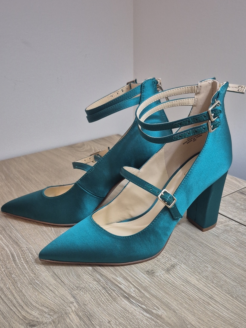 Jessica Simpson Teal Satin Pointed-Toe Mary Jane Heels